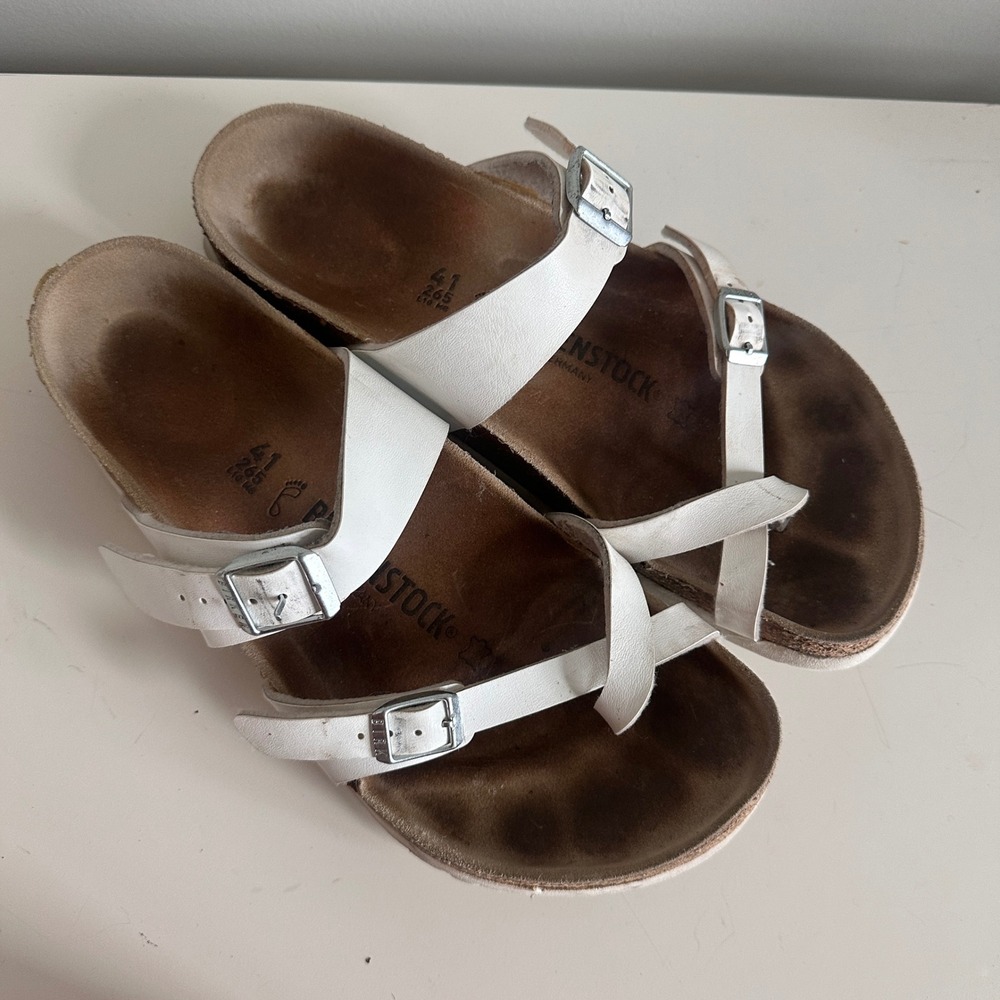 Birkenstock Sandals Women 41 Mayari Birko-Flor White Cross Strap Toe Loop